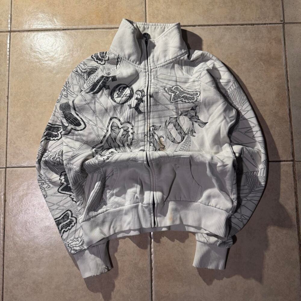 Vintage y2k fox racing white AOP zip up Sweater Size M in Womens